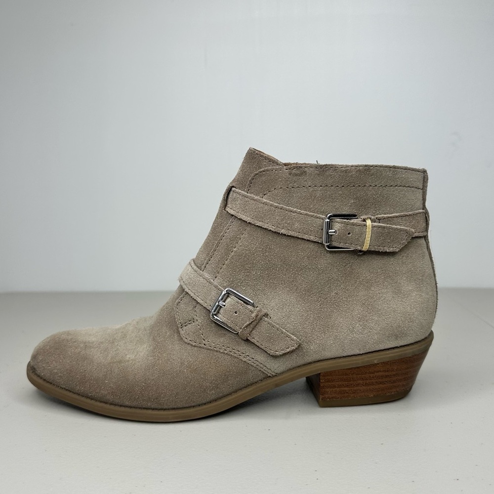 Franco Sarto Rynn Suede Ankle Booties Women's Size 8.5 Taupe Buckle Zip
